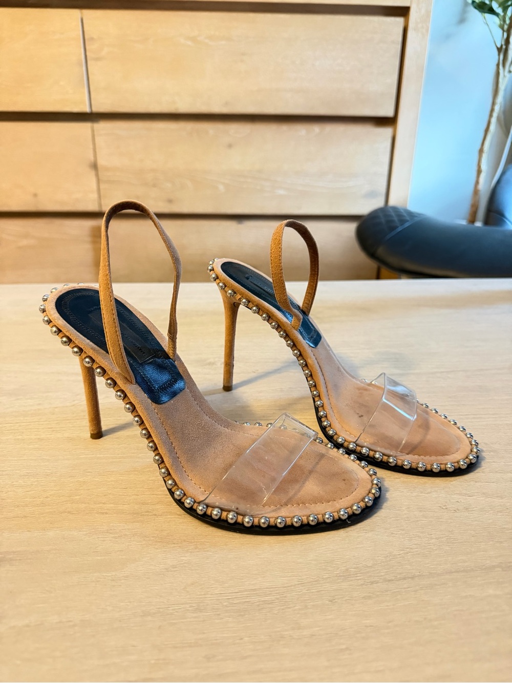 Alexander Wang 37.5 - Tan Suede Beaded Slingback Heels with Clear Strap